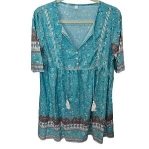 Boho‎ Floral Print Mini Dress Turquoise White Tassel Tie Neck Babydoll L